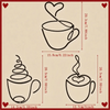Set of three Nordic iron art coffee cups drawn in line art with dimensions provided.