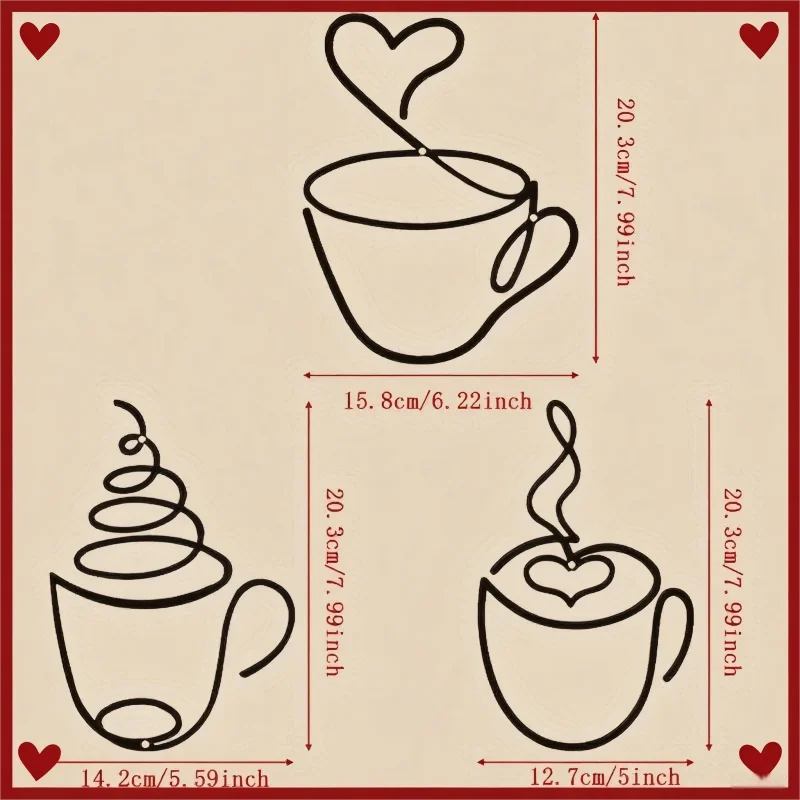 Set of three Nordic iron art coffee cups drawn in line art with dimensions provided.