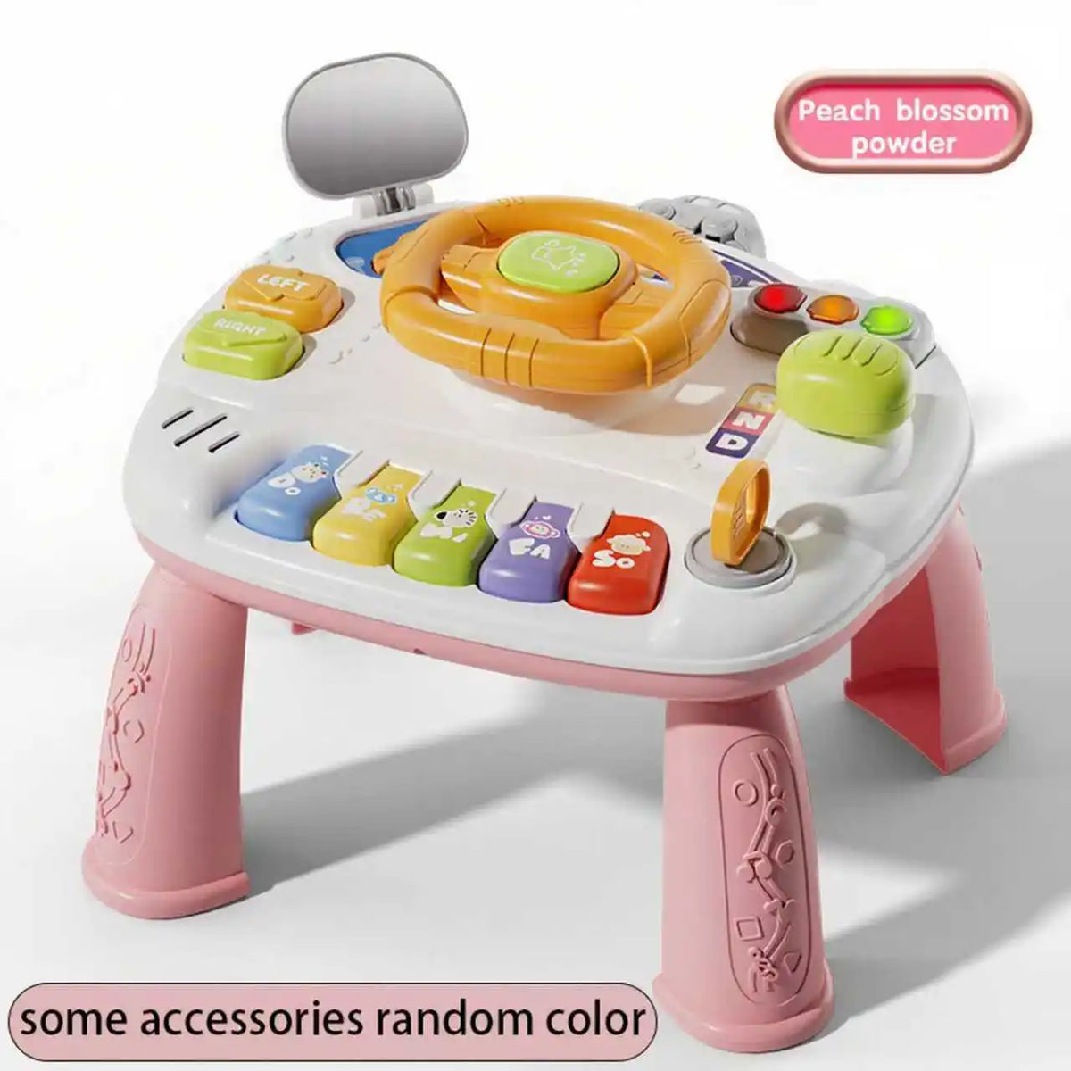A white baby interactive activity table featuring a yellow steering wheel and various colorful buttons for play.