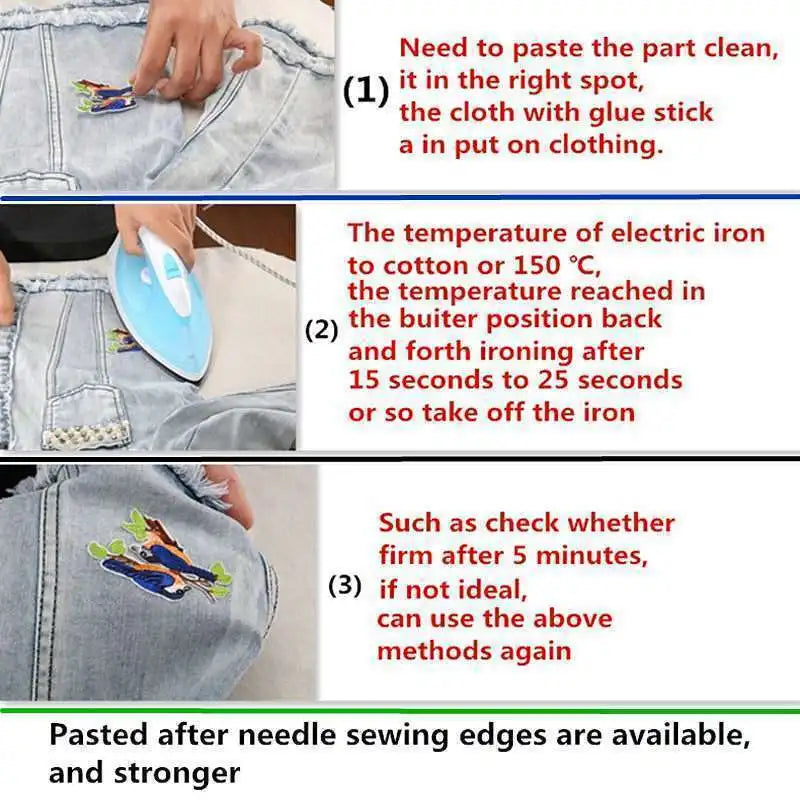 Instructions for applying iron-on patches to clothing, showing steps for cleaning and ironing.