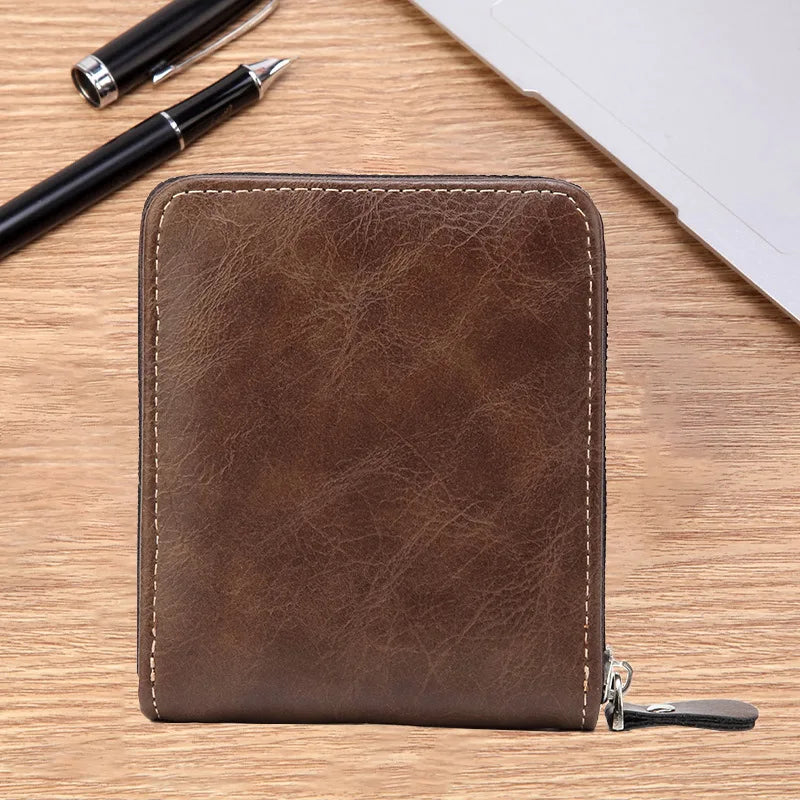 Men's Waxed Leather Bifold Wallet with All-Around Zipper