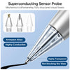 A close-up view of a superconducting sensor probe with various replacement pen tips and a clear body.