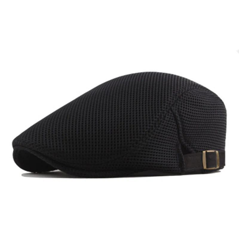 Black men's breathable mesh newsboy cap shown from the side.