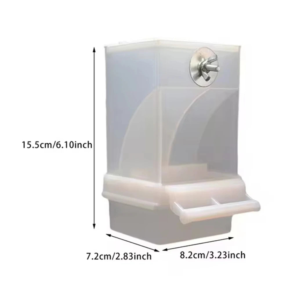 A transparent anti-spill parrot feeder with a lid and measurement markings.