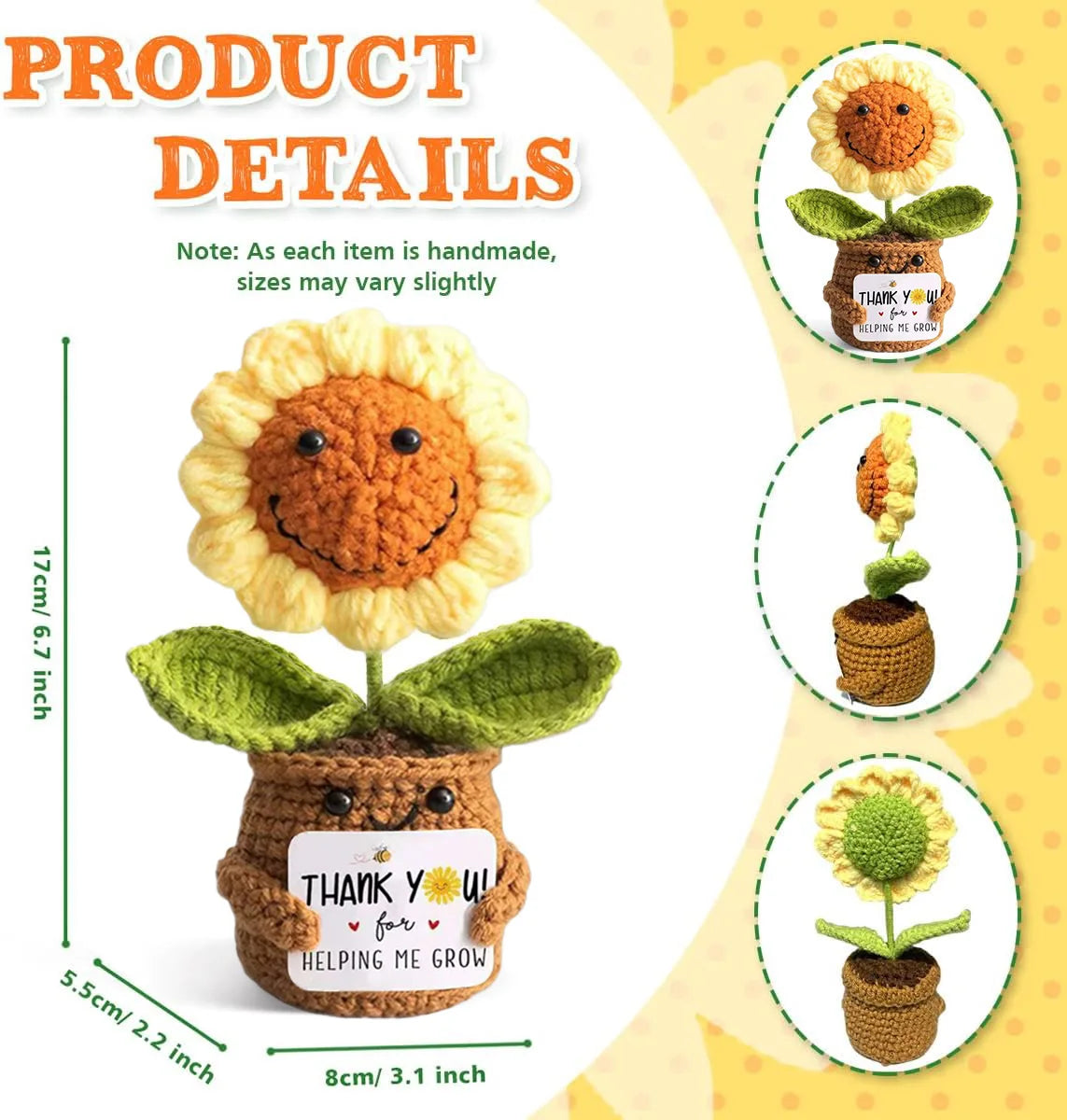 Handmade crochet sunflower doll with green leaves and a thank you tag