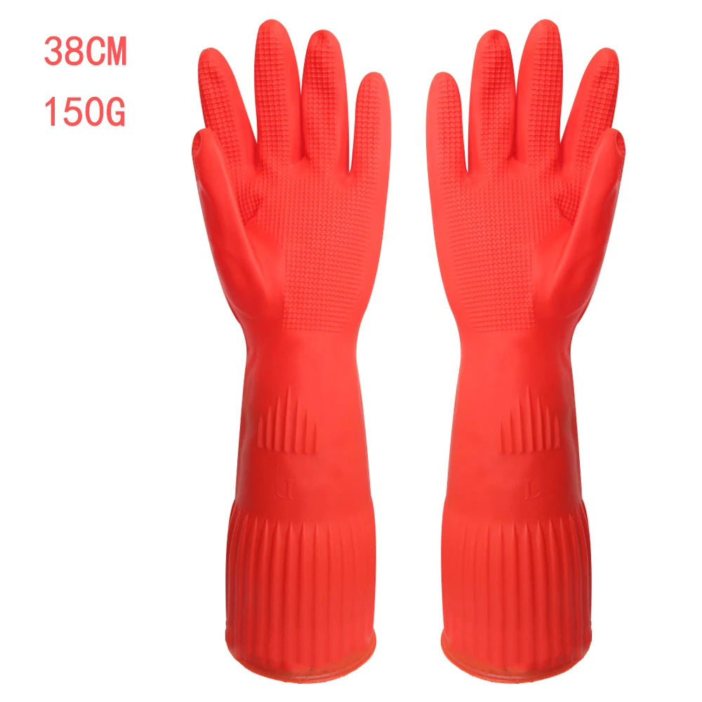 A pair of red silicone scrubbing dishwashing gloves shown against a white background.