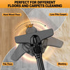 A handheld vacuum cleaner is shown cleaning different floor types including hardwood, tile, and low-pile carpet.