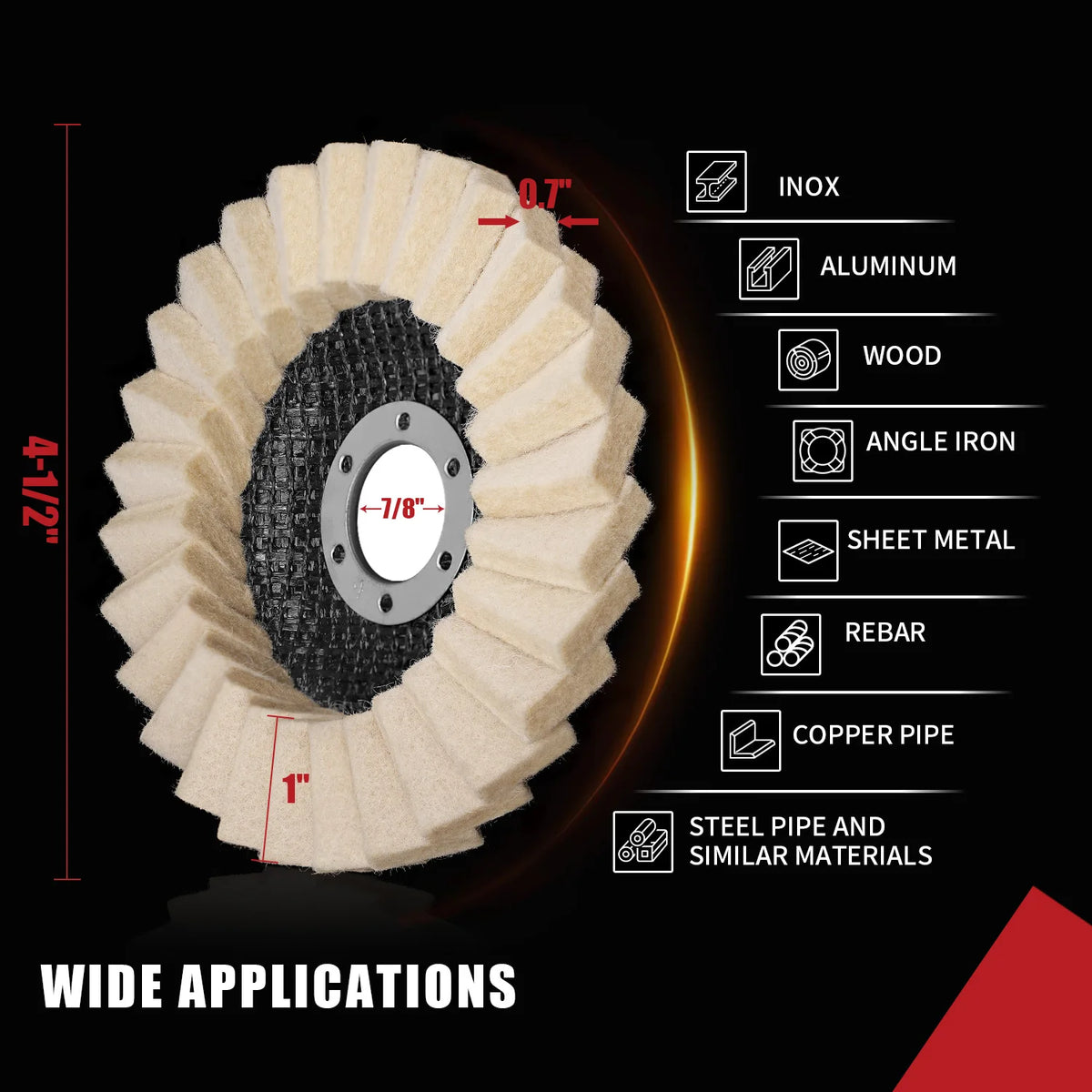 A close-up view of a wool polishing wheel with various materials like Inox, Aluminum, Wood, Angle Iron, Sheet Metal, Rebar, C