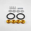 A collection of metal fasteners including screws, washers, and black rings for car body panels.