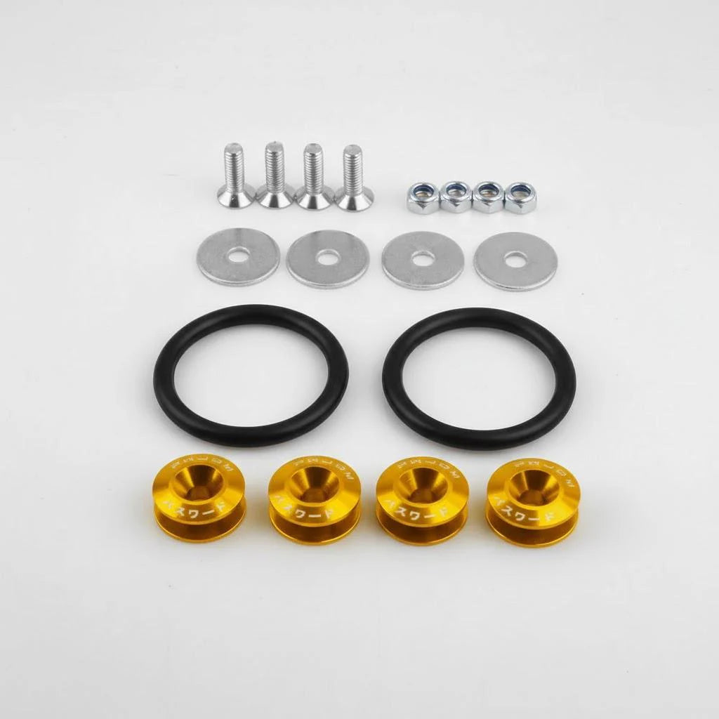 A collection of metal fasteners including screws, washers, and black rings for car body panels.