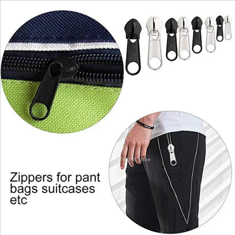 A set of universal zipper repair kits and auto-lock sliders shown next to a fabric and clothing item.