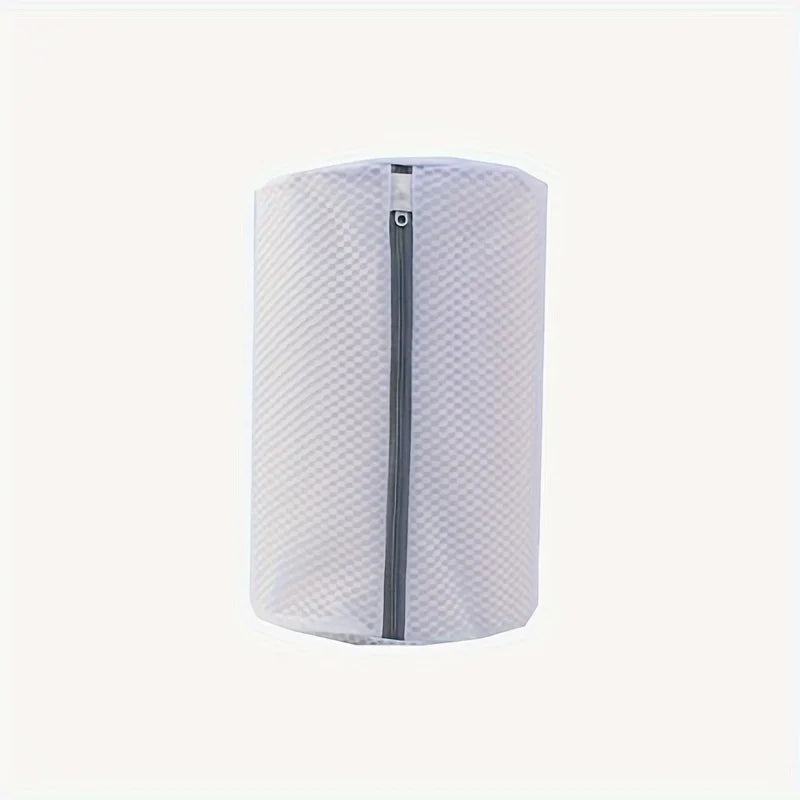 A white mesh shoe washing bag with a vertical zipper closure.