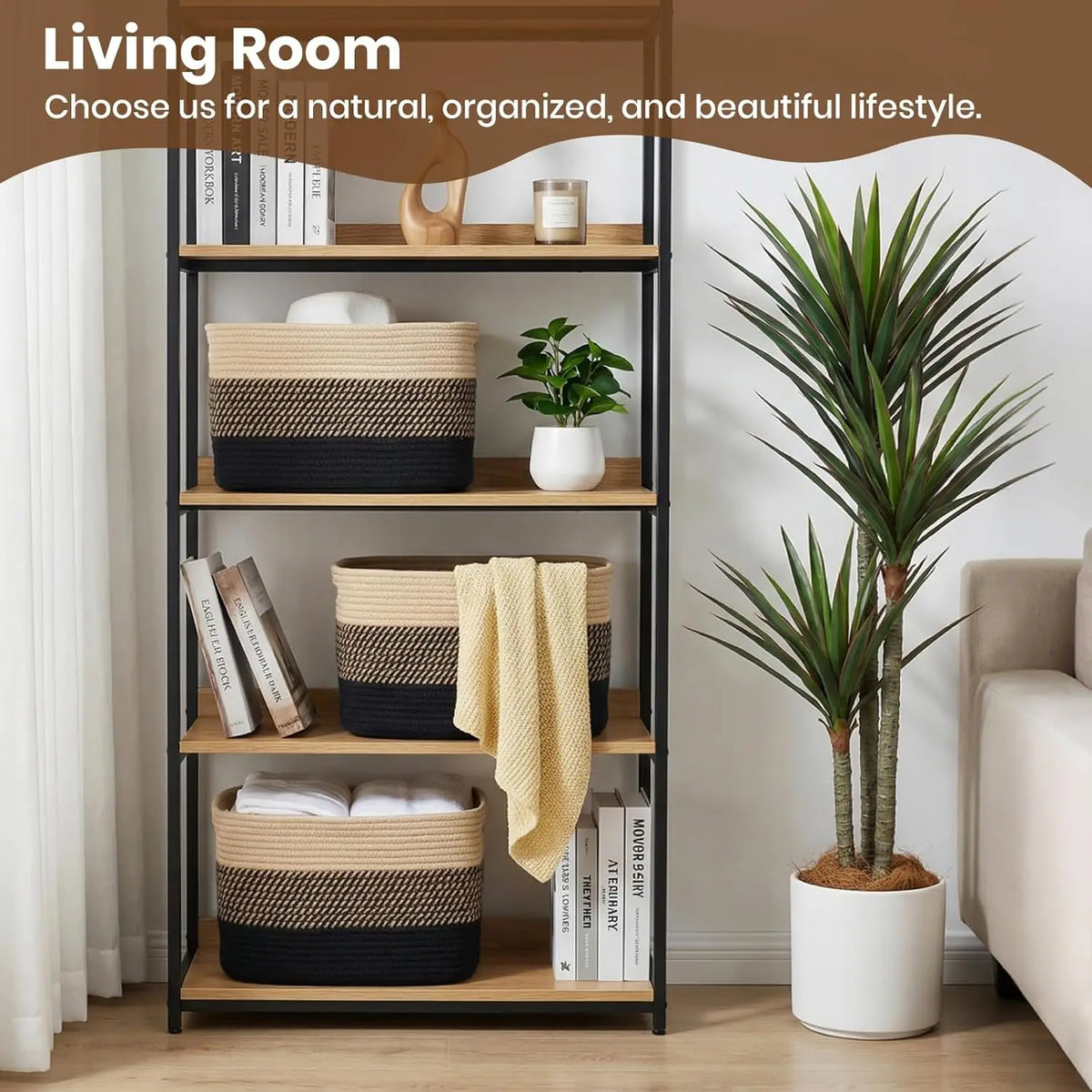 A shelving unit displaying woven cotton rope storage baskets in black and natural tones.