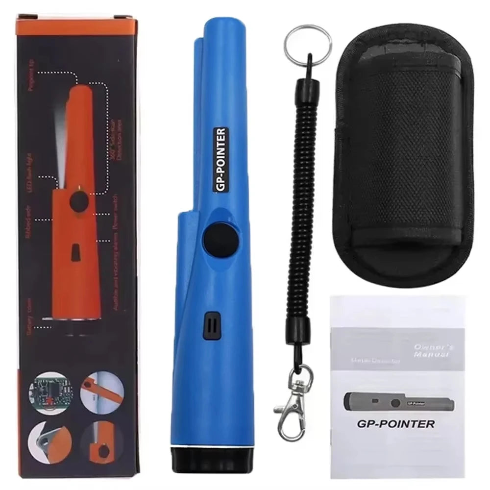 A blue handheld GP-Pointer metal detector with an attached lanyard and a black protective case.