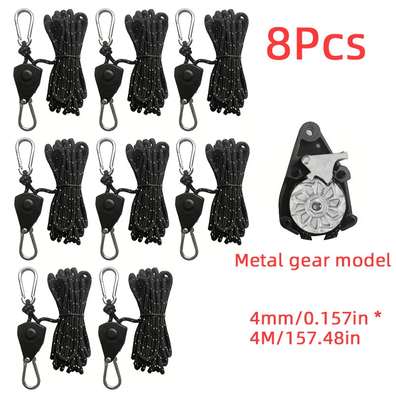 Eight pieces of black metal gear model rope tighteners with a ratchet lock.