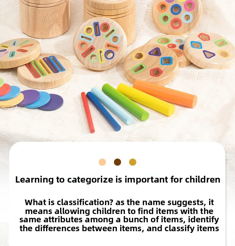 A collection of wooden color sorting toys and blocks for toddlers, including rings, discs, and colored rods.