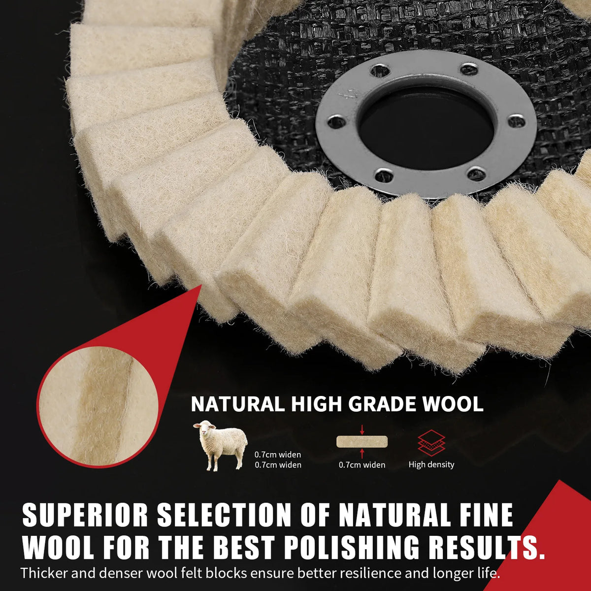 Natural high grade wool felt polishing wheel for grinders shown in a close-up view