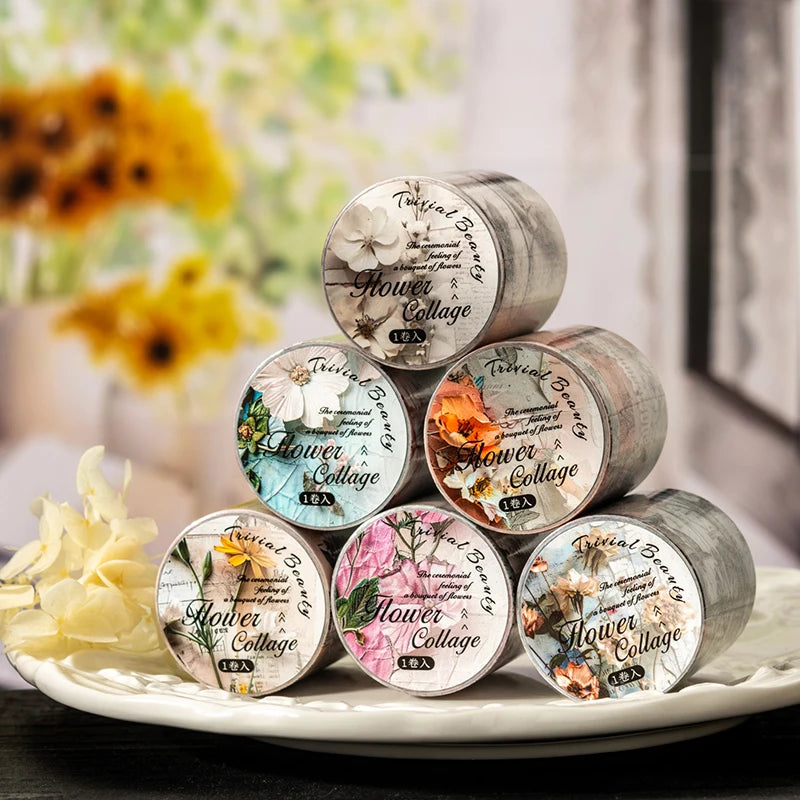 A collection of vintage botanical washi tape rolls in various shades of green and brown on a white plate.