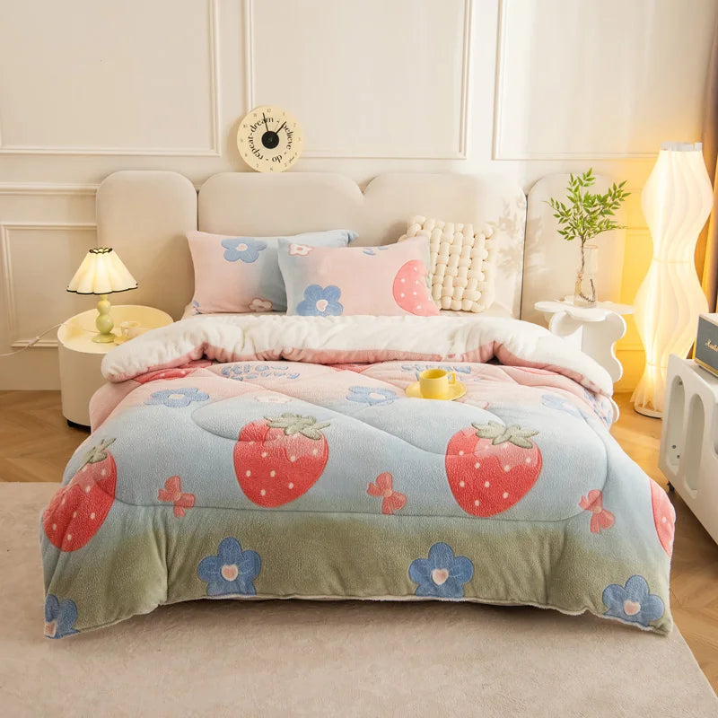 A pink and blue strawberry patterned plush throw blanket displayed on a beige sofa with white decorative pillows.