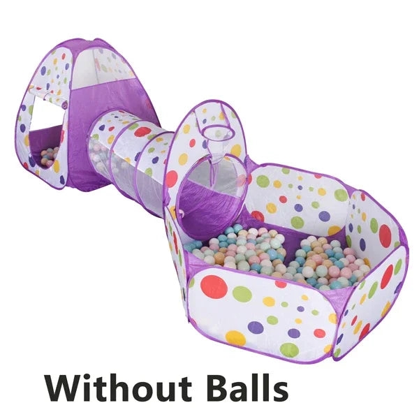 Purple and white ball pit play tent with a crawl tunnel for kids