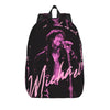 A black backpack featuring a silhouette of Michael Jackson singing into a microphone in pink light.