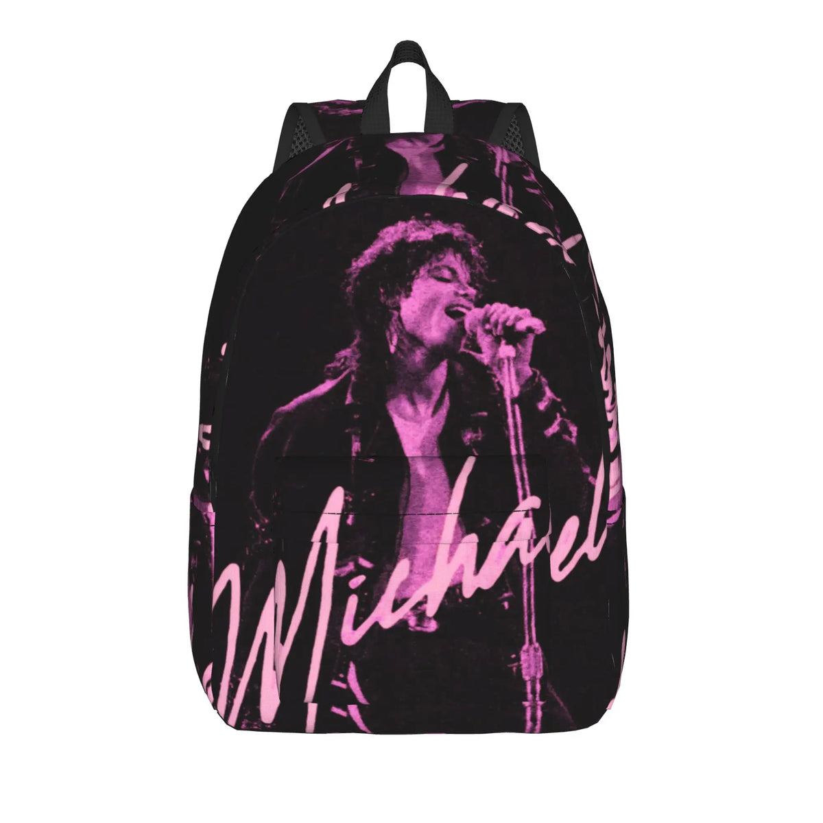 A black backpack featuring a silhouette of Michael Jackson singing into a microphone in pink light.