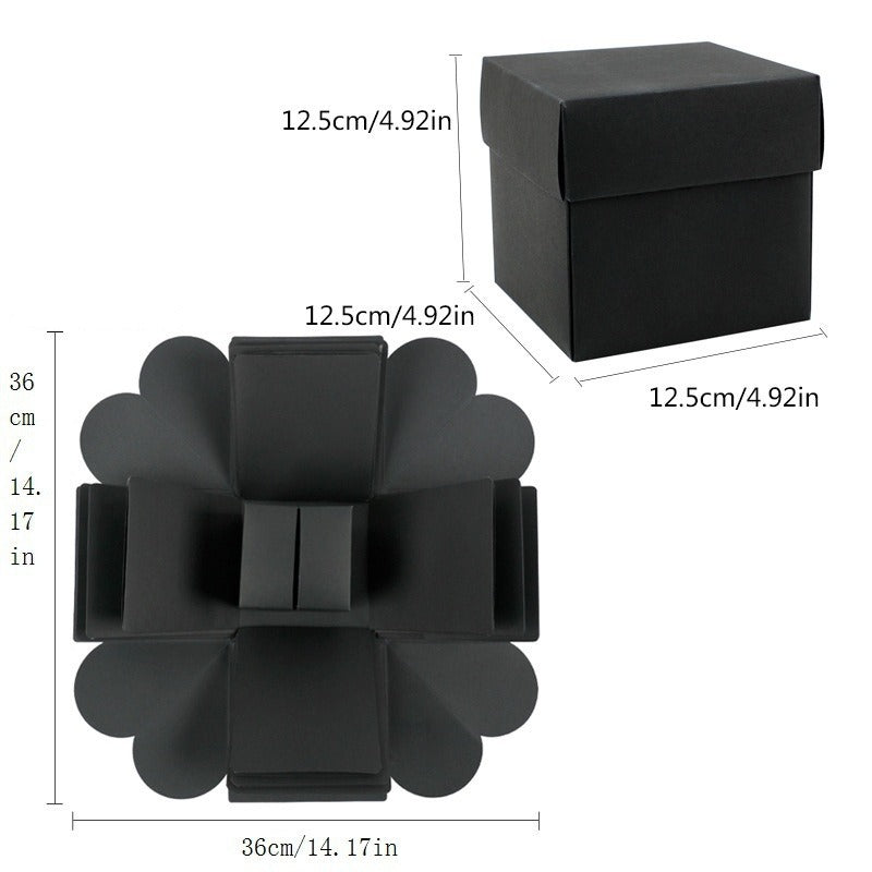 Black DIY explosion photo gift box with a lid and various shaped compartments