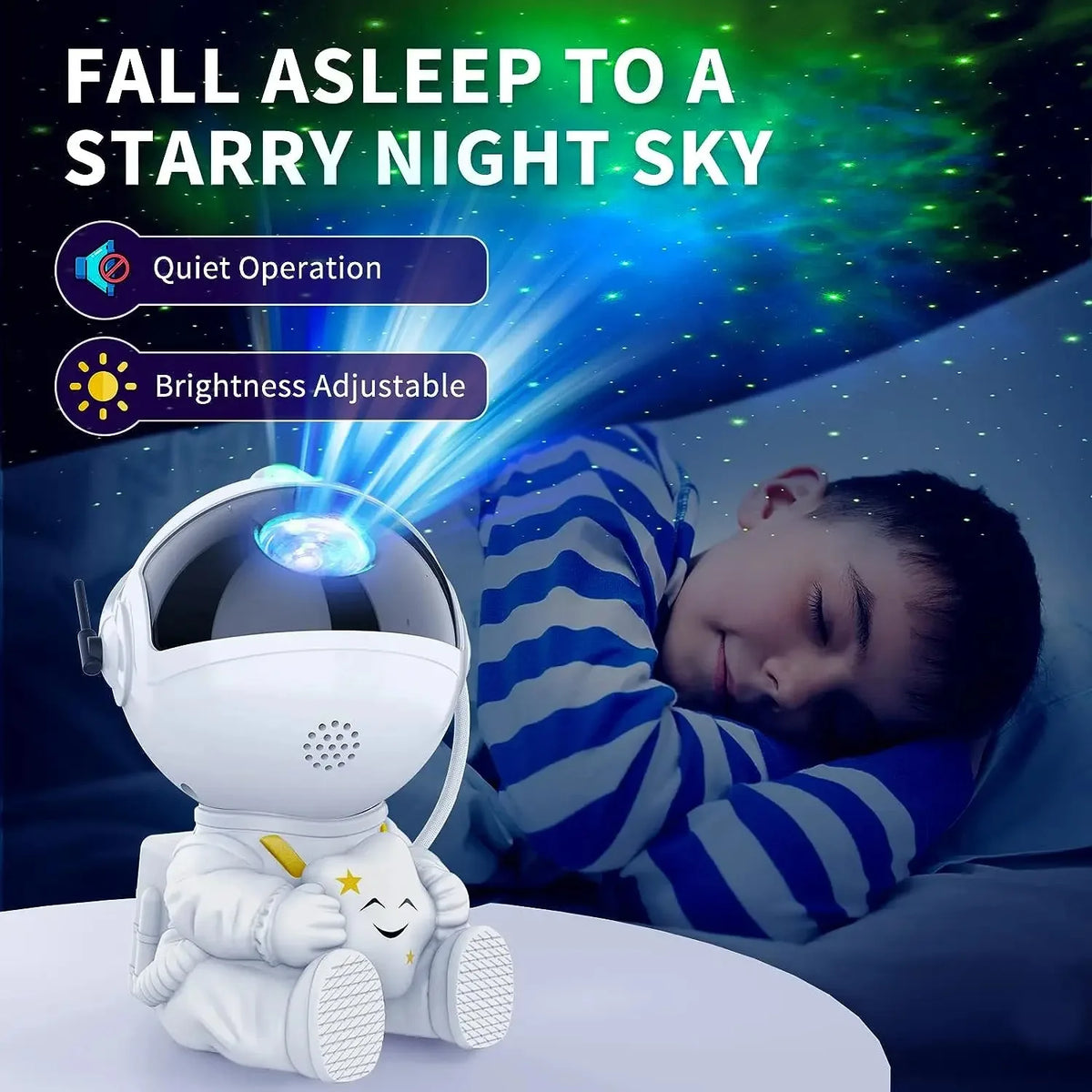 A white astronaut night light projector is illuminating a person sleeping in bed, creating a starry sky effect.