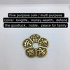 A set of five traditional Chinese brass coins featuring various characters for good fortune and protection.