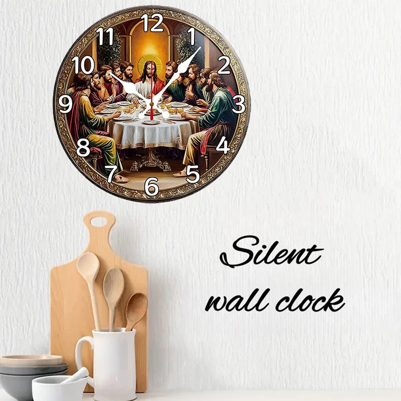 Last Supper Wooden Wall Clock – Silent Round Design for Timeless Home Decor