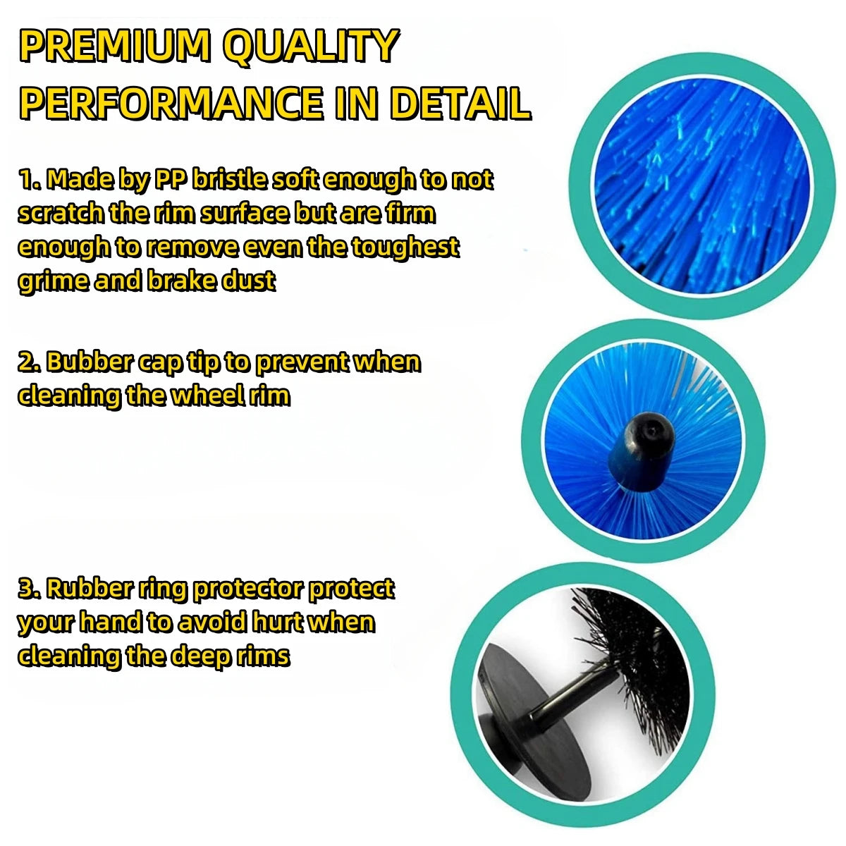 A set of blue long reach soft bristle wheel cleaning brushes with rubber ring protectors for detailed rim cleaning