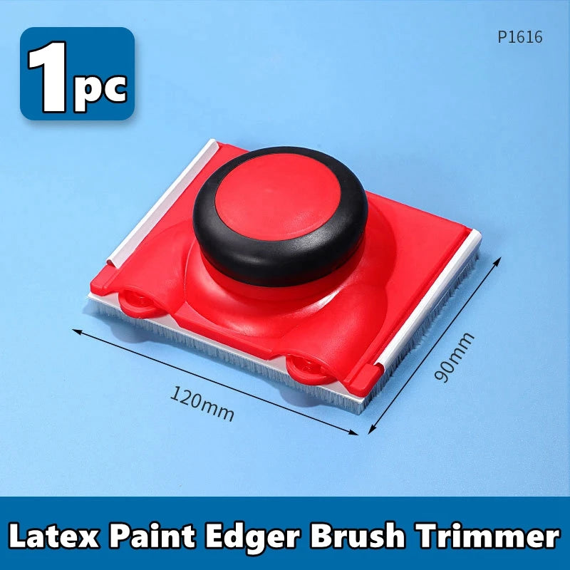 A red latex paint edger brush trimmer with a black handle and white bristles shown on a blue background.
