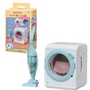 A light blue electric washing machine toy with a clear door is shown next to its packaging box.