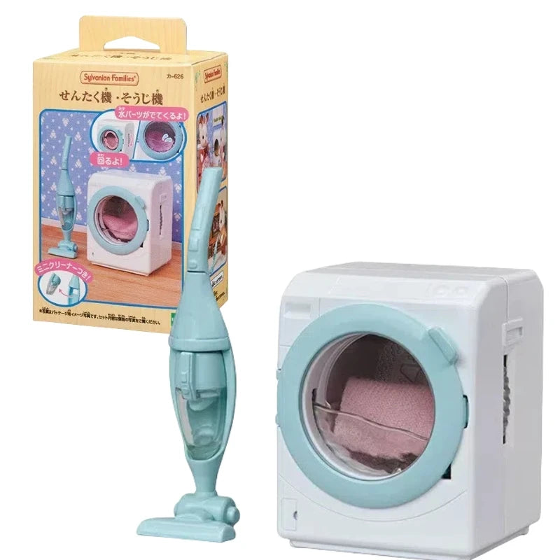 A light blue electric washing machine toy with a clear door is shown next to its packaging box.