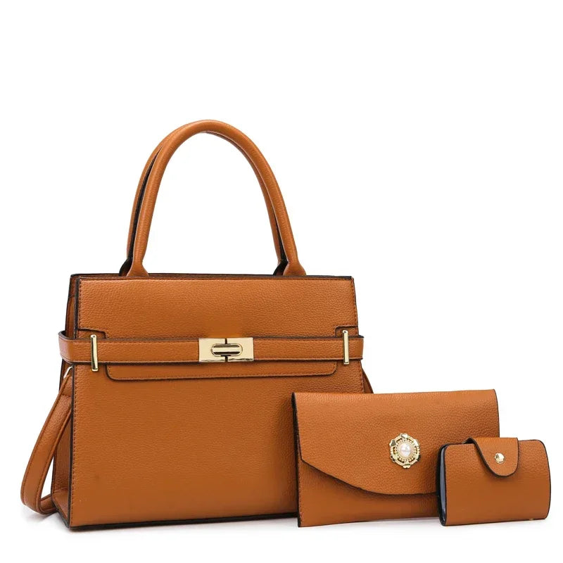 A tan leather handbag with a gold clasp and a matching small coin purse.