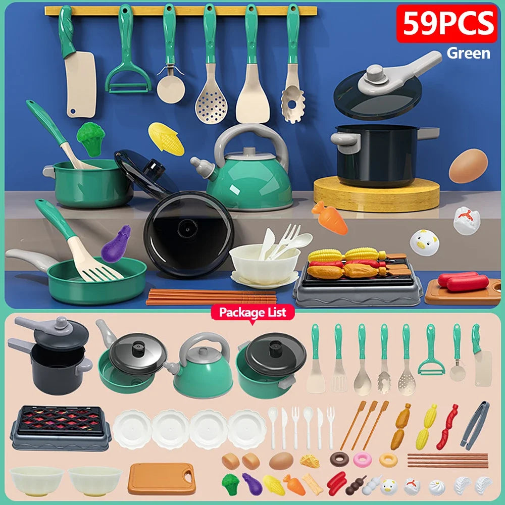 A collection of 59 pretend play kitchen items including pots, pans, utensils, and various food items in green and other color