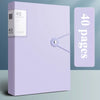 A purple A4 expanding file organizer with clear pocket dividers and a separate card showing 40 pages