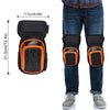 A pair of black and orange heavy-duty gel knee pads shown on a person's legs.
