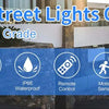 A graphic showing features of a Solar Street Light Outdoor Commercial Grade including solar power, dusk to dawn operation, IP