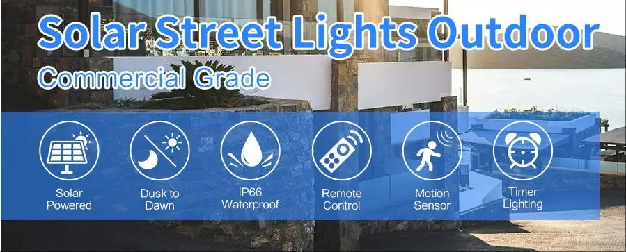 A graphic showing features of a Solar Street Light Outdoor Commercial Grade including solar power, dusk to dawn operation, IP