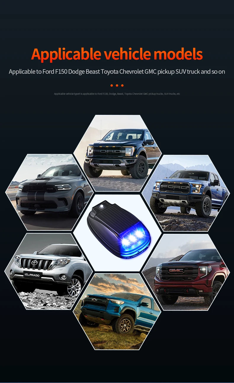 A collection of various pickup trucks and SUVs showcasing a solar-powered remote control strobe light product.