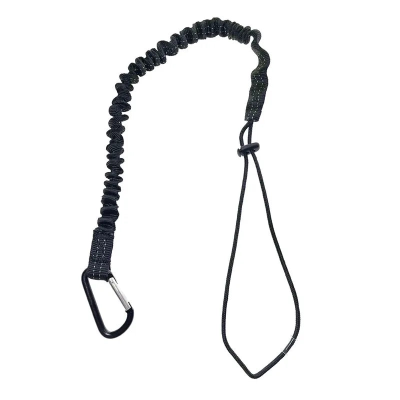 A black durable safety bungee tether with a carabiner hook.
