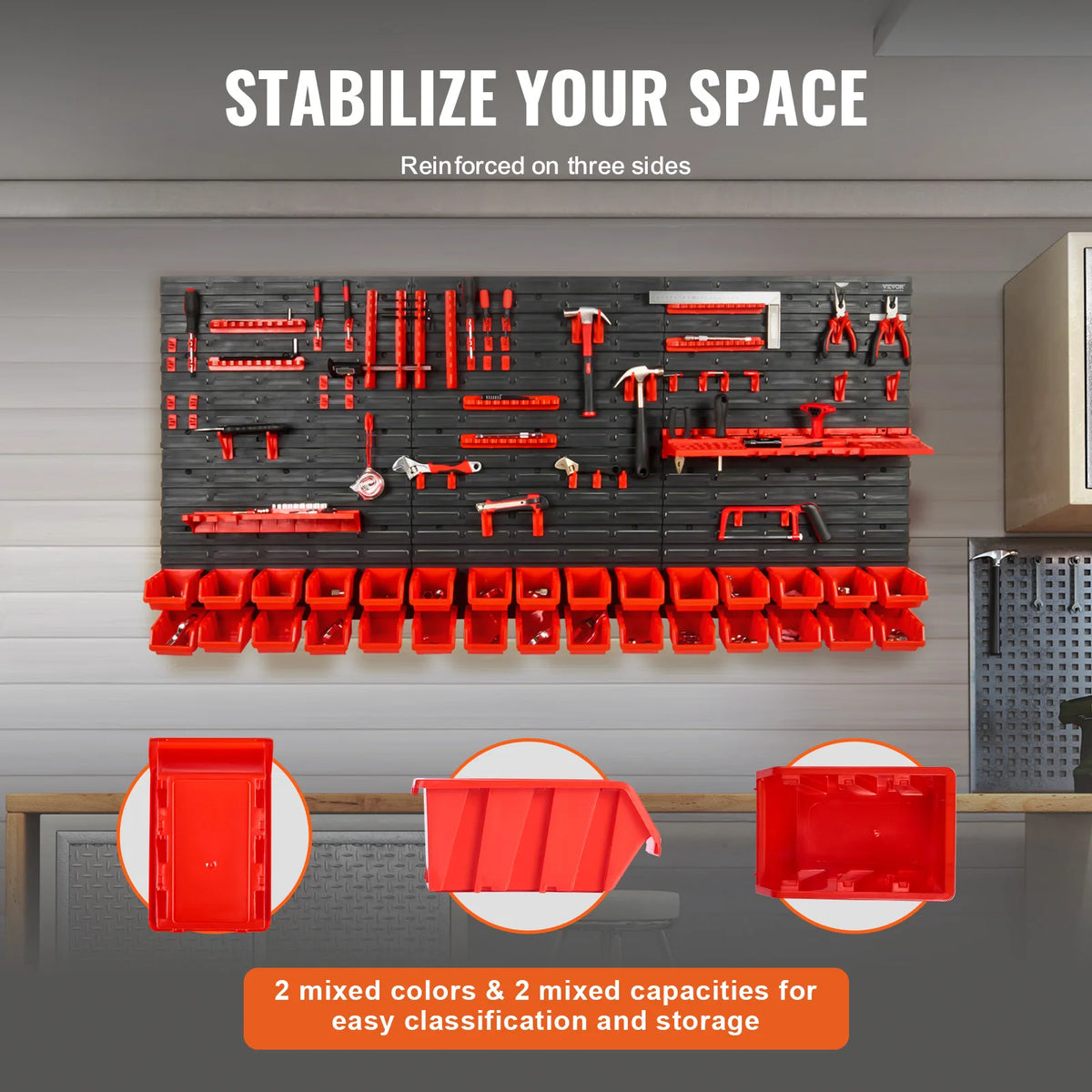 Wall-mounted storage organizer featuring red and black bins for organizing tools and parts