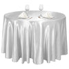 Elegant silver satin round tablecloth set for weddings and events with glassware and cutlery