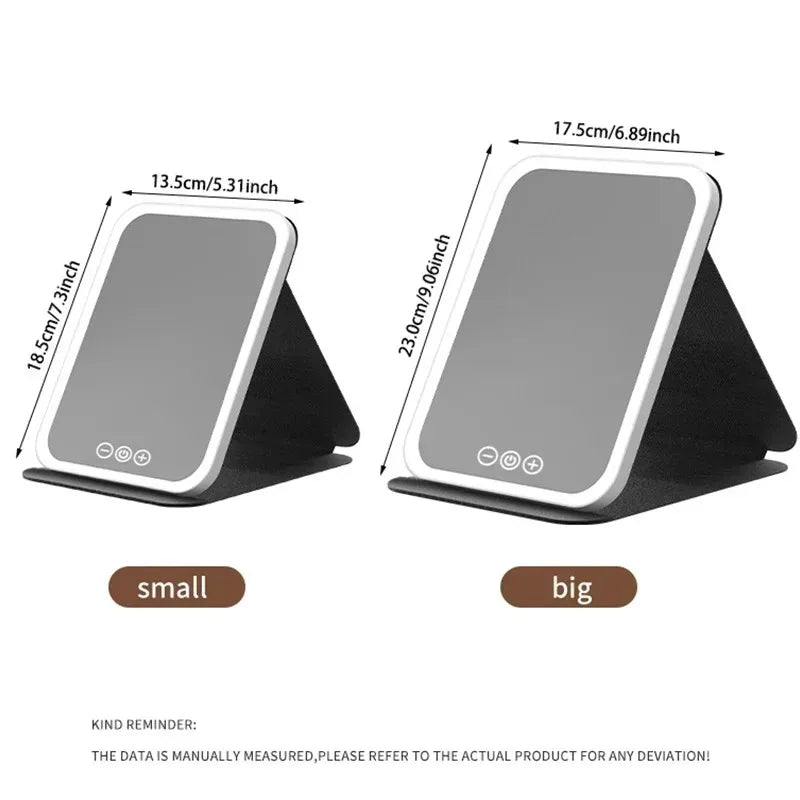 Two portable touch vanity mirrors, small and big versions, shown on a black stand.