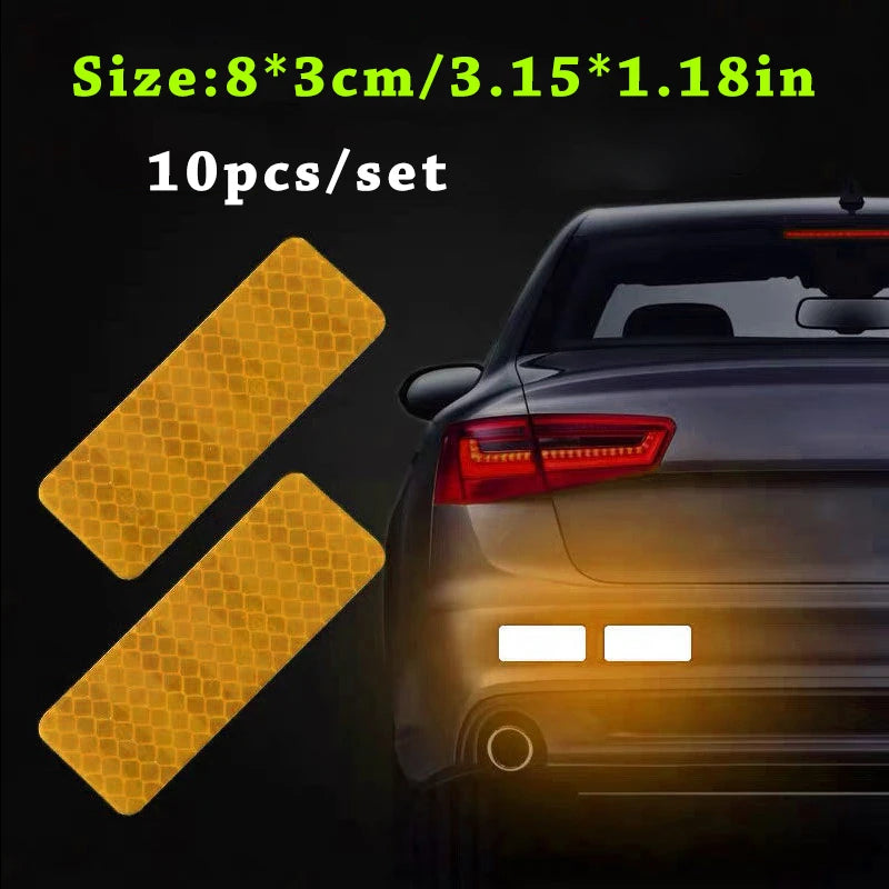 Ten reflective yellow safety strips for car visibility shown next to a dark vehicle.