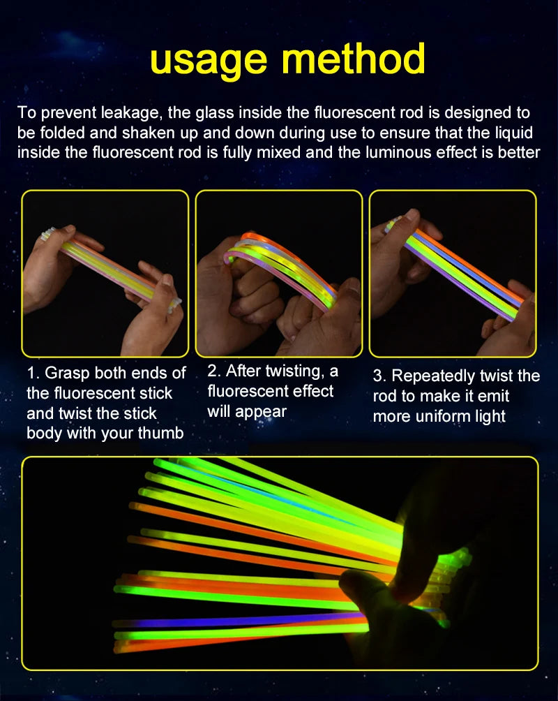 Instructions show how to twist a fluorescent rod to mix liquid and create a luminous effect.