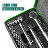 A close-up view of an open iron box containing a 23-piece ratcheting socket and Allen wrench set.