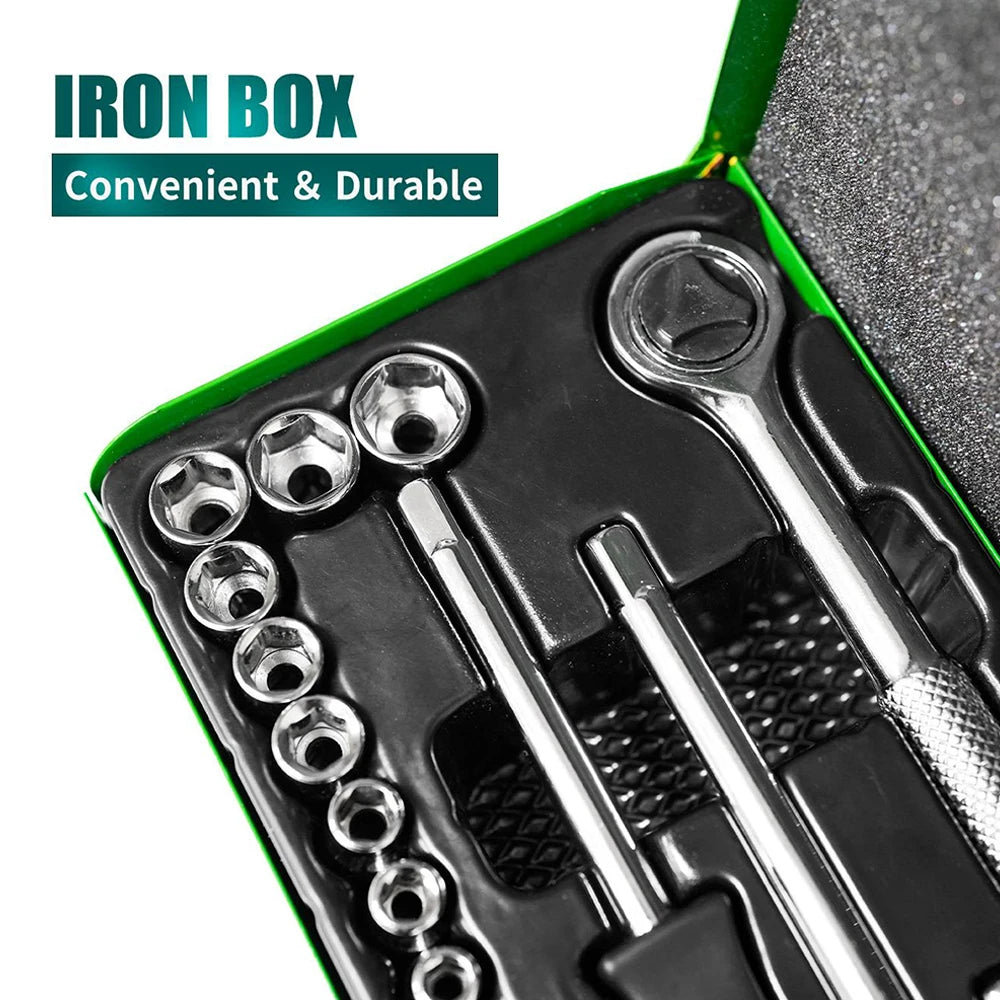 A close-up view of an open iron box containing a 23-piece ratcheting socket and Allen wrench set.