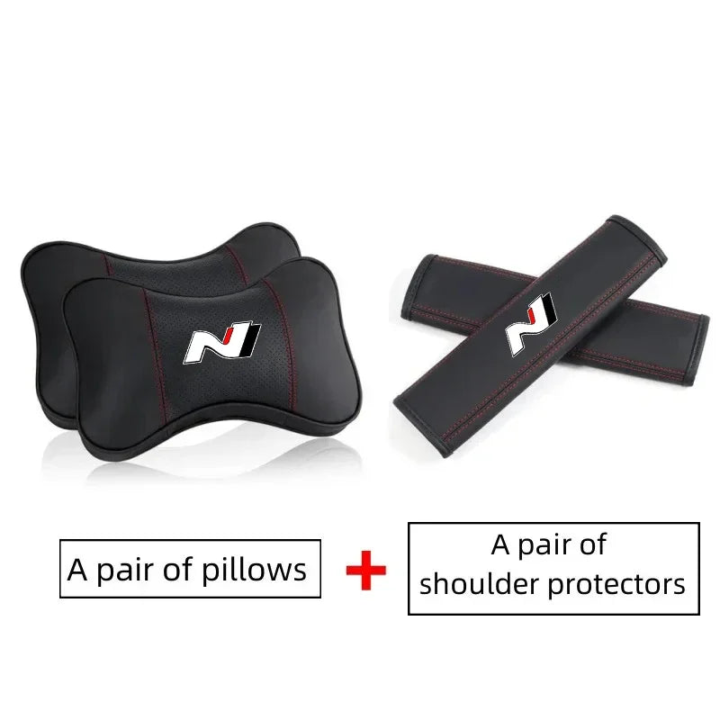 A pair of black PU leather car headrest pillows and shoulder protectors set